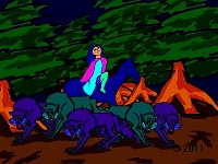 riding a horse with wolves