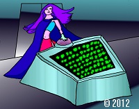 Drawing of a Woman Doing Something With an Alein Computer